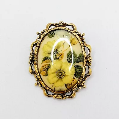 Vintage Estate Porcelain Brooch Hand Painted Oval Yellow Flowers Gold Tone • $9