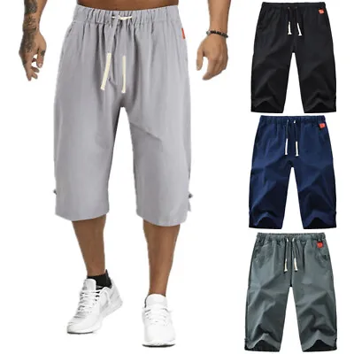 Mens 3/4 Long Length Shorts Elasticated Waist Sport Pants Three Quarter Shorts • £5.99