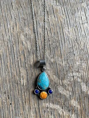 Vintage Navajo Turquoise Lapis And Spiny Oyster Pendant Signed ML Perry • $90