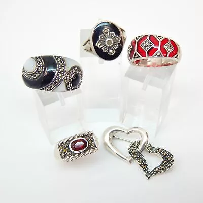 925 Marcasite Onyx Garnet Mother Of Pearl Rings W/Brooch 32.1g • $19.99