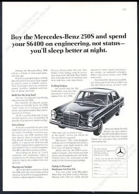 1967 Mercedes Benz 250S 250 S Car Photo Sleep Better At Night Vintage Print Ad • $37