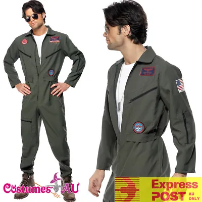 Mens Top Gun Costume Retro Men Aviator Pilot 1980s 80s Military Jumpsuit Uniform • $56.99