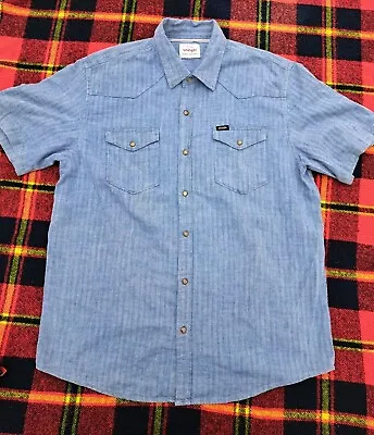 Wrangler Shirt Mens Blue Herringbone Pearl Snap Long Sleeve Western Cowboy Large • $15