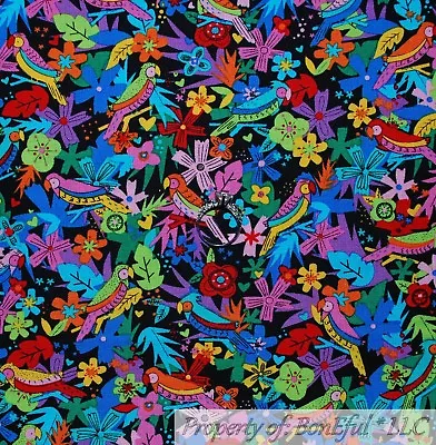 BonEful Fabric FQ Cotton Quilt Black Bright Rainbow Color Flower Mexico Bird Kid • $7.18