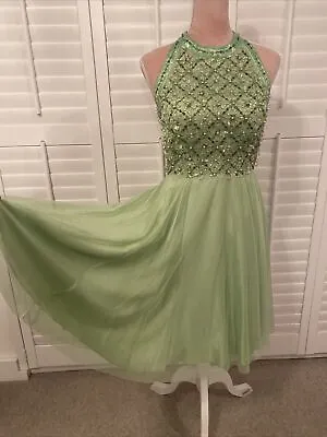 Monsoon Green Halter Tie Neck Beaded Net Event Party Cocktail Dress 10 S - Vgc • £29.99