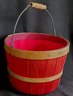 Vtg Red Bushel Produce Basket Split Slat Wood Handle Country Xmas 8  Dia • $18