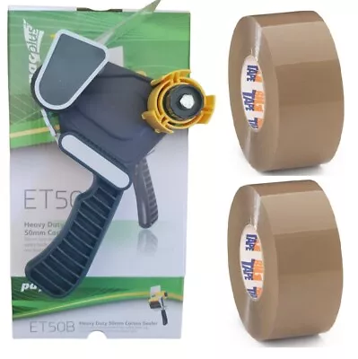 Heavy Duty Metal Hand Dispenser Gun + 2 Rolls Of Brown Parcel Tape  48mm X 150m • £19.99