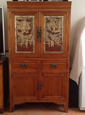 $2500 • Buy Antique Oriental Chinese Twin Cabinet Cupboard With Hand Painted Carvings