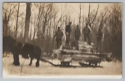 Mill City Oregon~Logging~Strong Horse Pulls Logs & 5 Loggers In Winter~1910 RPPC • $22.50