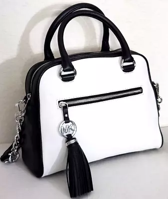 🌞michael Kors Knox Tassel White Black Leather Silver Crossbody Satchel Bag🌺nwt • $213.89