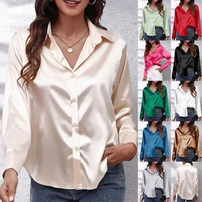 £12.49 • Buy Women's Satin Silk Button-Up Dress Shirt OL Work Ladies V Neck Lapel Blouse Tops