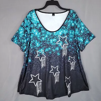 Women's Pullover Shirt Galaxy Print Short Sleeve Blue/Black Size 3XL • £11.52