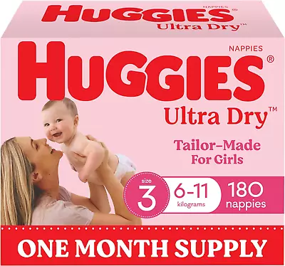 Huggies Ultra Dry Nappies Girls Size 3 (6-11Kg) 180 Count - One Month Supply (Pa • $117.24