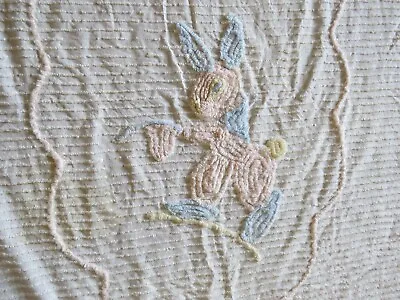 VINTAGE Chenille BABY Blanket BUNNY Pink & Blue Crib Bedding Wall Hanging • $26.98