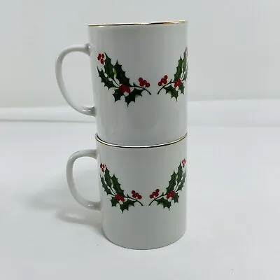 Vtg Christmas Holly Leaf Mug Cup Pair Set 2 Porcelain Japan Gold Rim Replacement • $25.24