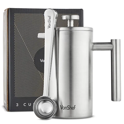 £21.99 • Buy Cafetiere French Press, VonShef 3 Cup Double Wall Stainless Steel Coffee Maker