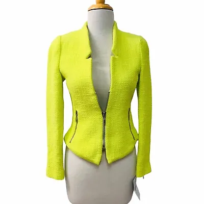 $85 • Buy Zara Trafaluc Blazer Neon Yellow Zip Pockets Boucle Jacket Size XS Rare