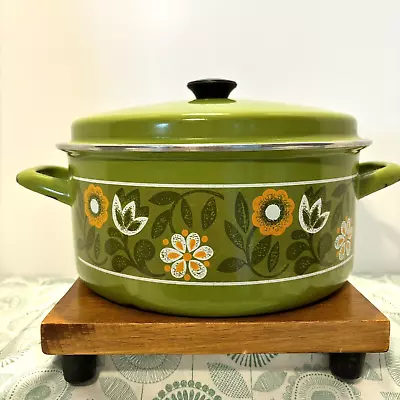 Vintage Avocado Green Stock Pot Enamel Ware 4 Qt W/ Lid MCM Retro Floral 10  • $15.95