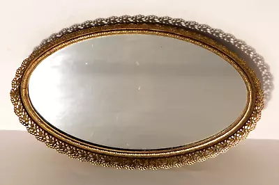 Vtg. Small Gold Ormolu Metal Filigree Mirror Vanity Dresser Tray 9  X 6  • $12.50