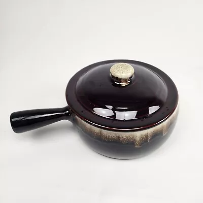 Vintage Bean Pot Brown Pottery Drip Glaze Pan With Lid Covered Stoneware Crock • $30