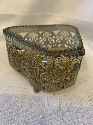 Vintage Antique Victorian Brass Glass Jewelry Casket Footed Box Padded • $25