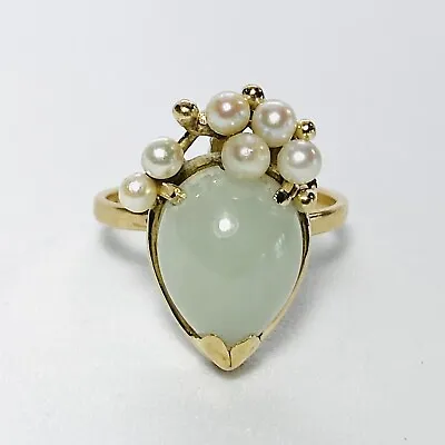 Ming's Honolulu 14K Yellow Gold Jade Akoya Pearl Size 6.75 Ring 4.1g • $850