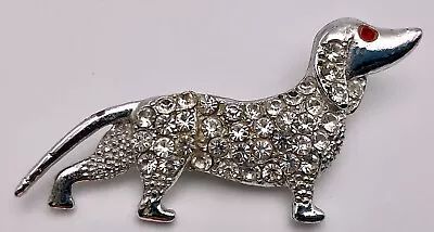 Vintage Dachshund Clear Crystal Brooch Pin Red Cabochon Eye Silver Tone Metal • $13