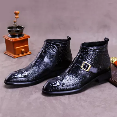 Pointed Toe Mens Buckle Ankle Boots Real Leather Zippers Crocodile Print Shoes 7 • $189.99