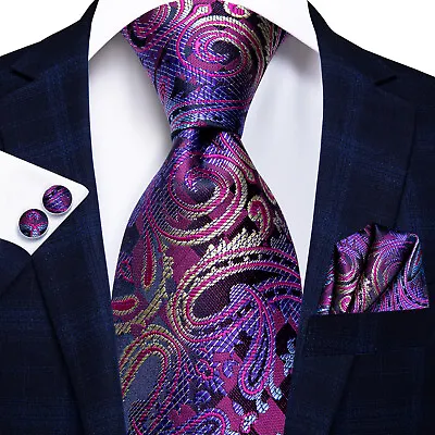 Mens Tie Silk Classic Paisley Floral Wedding Necktie Pocket Square Cufflinks Set • $11.99