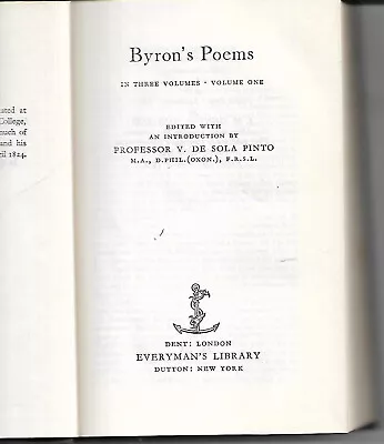 Lord Byron's Poems Edited By V De Sola Pinto 1963 Vol 1 (of 3) Hardback Book • £2.99