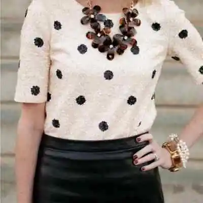 J. Crew Cream & Black Sequin Embellished Polka Dot T-Shirt Blouse Small • $25
