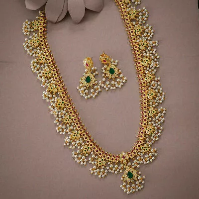 CZ Indian Bollywood Kundan Jewelry Rani Haar Necklace Gold Pakistani Bridal Set • $88.91