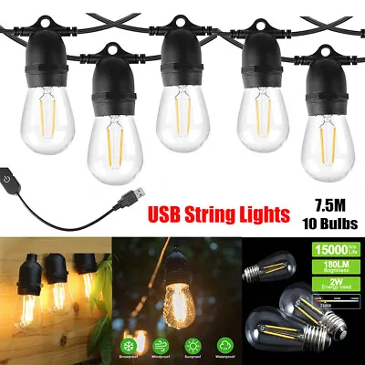 $24.99 • Buy 24FT USB LED Outdoor Waterproof Patio String Lights, 10PCS 2W Dimmable S14 Bulb