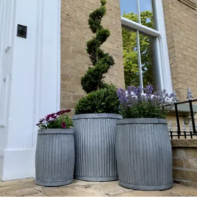 Set Of 3 Galvanised Tub Planters Large Metal Round Ribbed Dolly Garden Drum Pots • £94.99