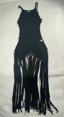 Venus Crochet Maxi Dress Women's L XL Boho Black See Through Long Fringe • $37.49