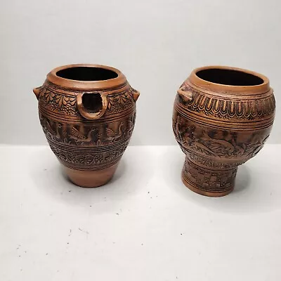 Vintage Terra Cotta Clay Urn Vase Jug Pottery Pair Mermaid Seascape Birds 4.5  • $74.92