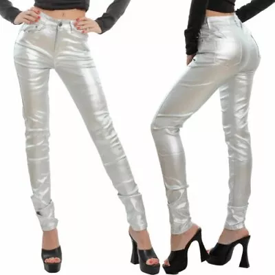 Women's Trousers Silver Effect Laminated Lurex Metallized TooCool VI-5127 • $37.46