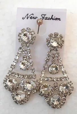 Silver Diamente Drop Earrings---peirced--on Card--unwanted Gift--very Good • $5