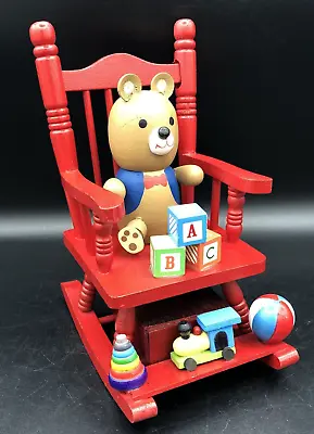 Vintage 8.50  Christmas Teddy Bear Sitting In A Musical Red Wood Rocking Chair • $22.99