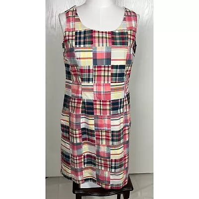 LL Bean Petite 8 Dress Patchwork Madras Sleeveless Sheath Cotton Lined • $34.99