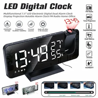 £21.99 • Buy USB Digital Snooze Dual Alarm Clock With Projection FM Radio Mirror LED Display