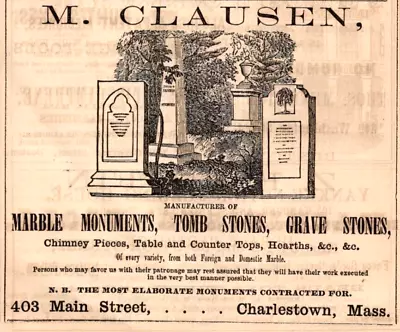 1858 M. Clausen Marble Tomb Stones Grave Stones CHARLESTOWN MA 4  High Print Ad • £23.62