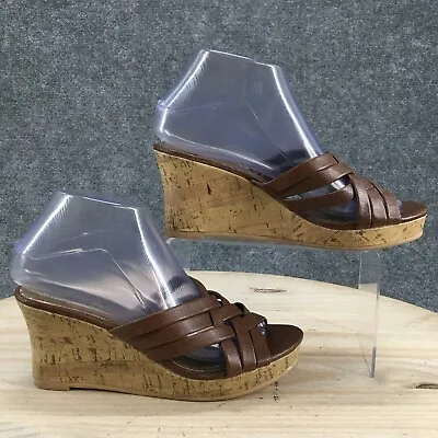 Montego Bay Club Sandals Womens 7 Strappy Slides Brown Leather Wedge Cork Heels • $21.59