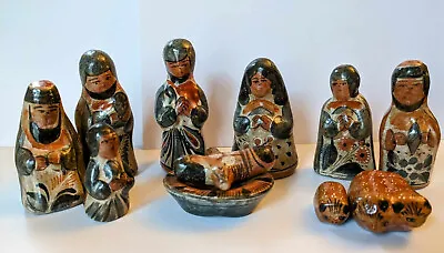 Vintage Mexican Nativity Scene 10 Piece Set Burnished Tonala Pottery - Creche • $35.99