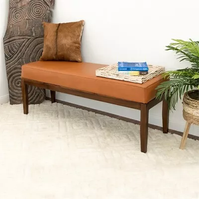 Pemberly Rowberly Mid-Century Genuine Leather Upholstered Bench In Dark Tan • $281.63