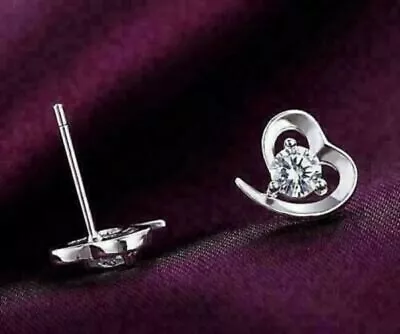 Women Women's Gift Lab-Created 14K Gold Over Round Diamond Heart Stud Earrings • $52