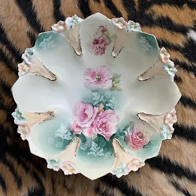 Antique R.S. Prussia Large Serving Bowl Green With Pink Roses 10” Iris Pattern • $39.99