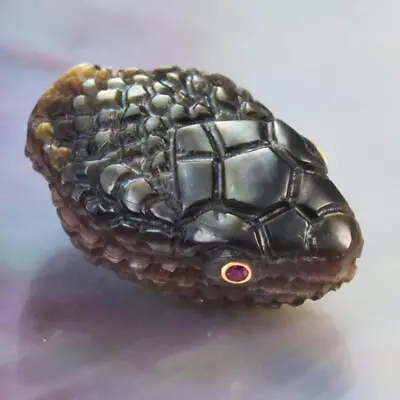 Snake Head Bead Black Mother-of-Pearl Shell Carving & Ruby Gemstone Eyes 4.28 G • $58