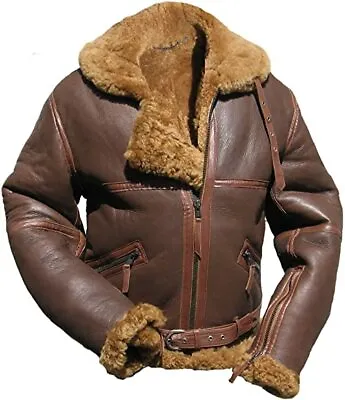 B3 RAF Bomber Mens Brown Aviator Flying Fur Real Shearling Leather Jacket Coat • $200.31