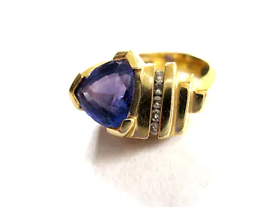 14K Gold 2ct Trillion Cut Tanzanite Ring With 5 Diamonds Size 7 Mount On Slant • £1157.32